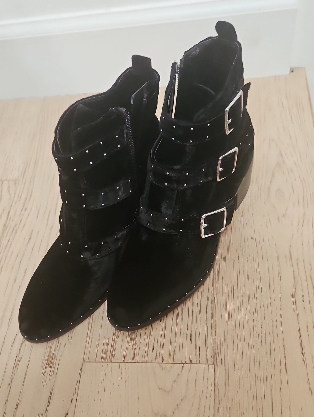 Lord & Taylor Black Velvet Buckle Ankle Boots with Stud Accents